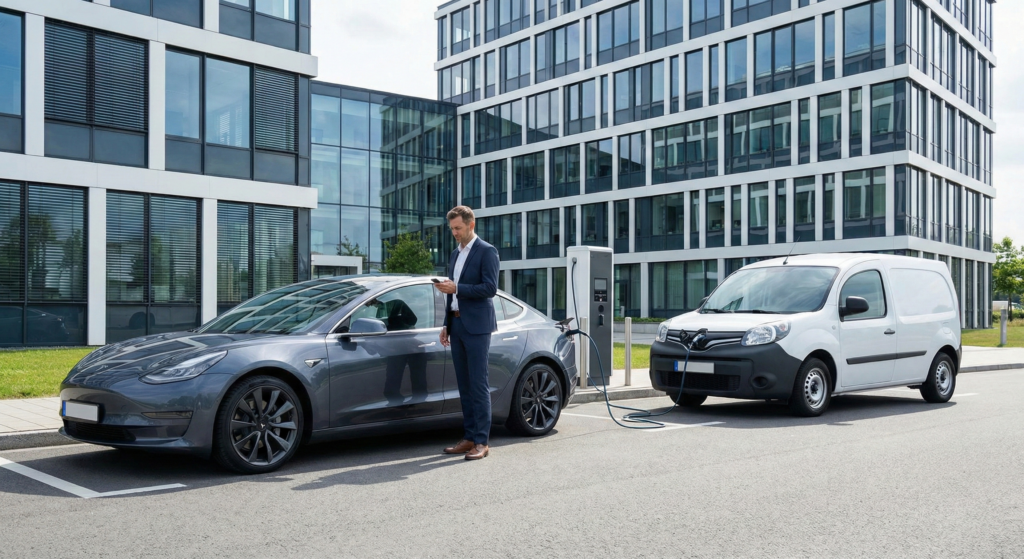 Geschäftsmann an einer Ladesäule